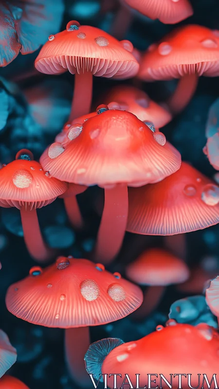 Macro study of dewy red mushrooms in cool cyan habitat
