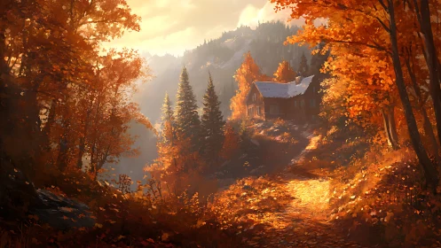 Autumn forest cabin under golden evening mountain light.