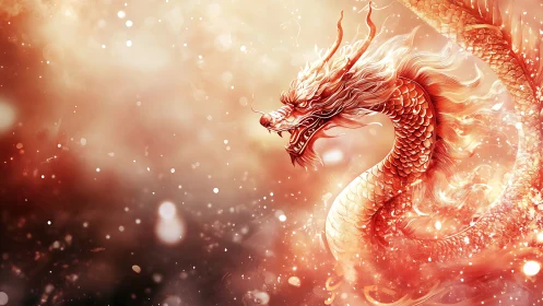 Fiery serpentine dragon coiled in glowing ember haze.