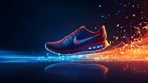 Running shoe in dynamic blue and orange motion trail.