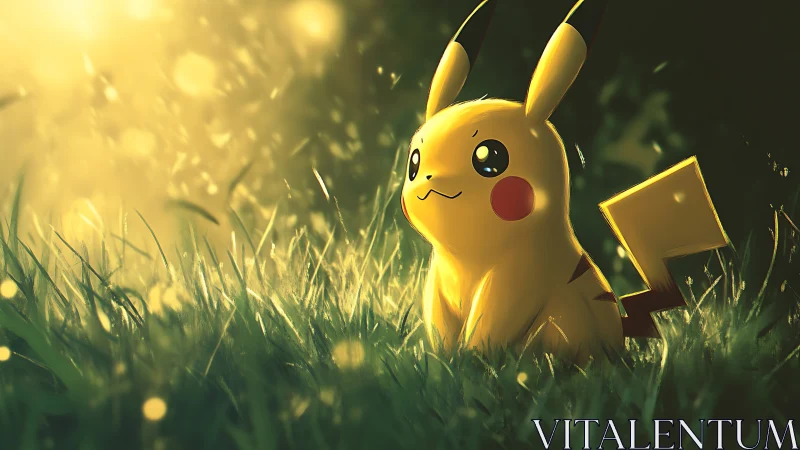 Gentle golden-hour Pikachu resting in glowing meadow light.