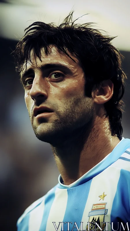 Intense Argentine footballer portrait under stadium lights.