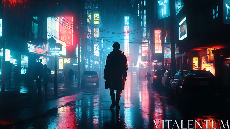 Solitary night wanderer walks through neon soaked city rain
