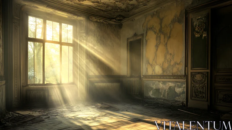 Sunlit abandoned room with decayed ornate walls. Period.