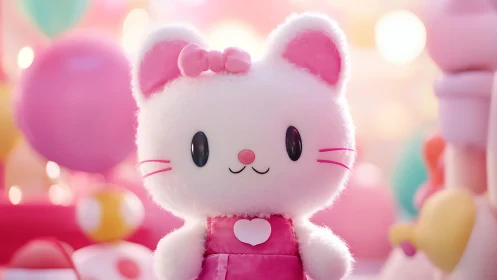 Kawaii white kitten character with pink bow in dreamy pastel setting.
