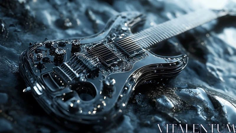 Chrome electric guitar gleams on wet metallic surface.