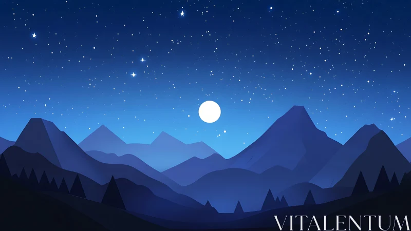 Moonlit mountains rest softly beneath a calm starry sky