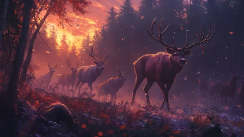 Stag herd moves through ember-lit twilight forest mist.