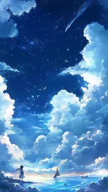 Vertical seascape shows layered clouds, stars and small figures