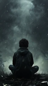 Solitary child meditating beneath a storm darkened sky.