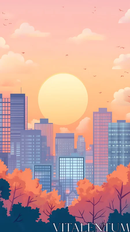 Sunlit city skyline rising above glowing autumn trees.