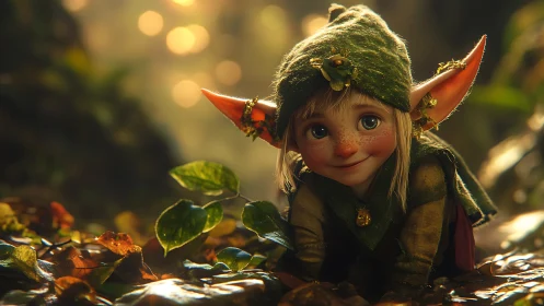 Forest sprite crouching in glowing bokeh woodland light.