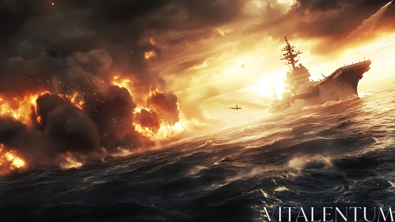 Naval carrier under bombardment in high-dynamic seascape lighting.