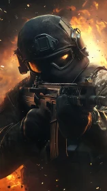 Armored tactical soldier aims rifle amid explosive firestorm