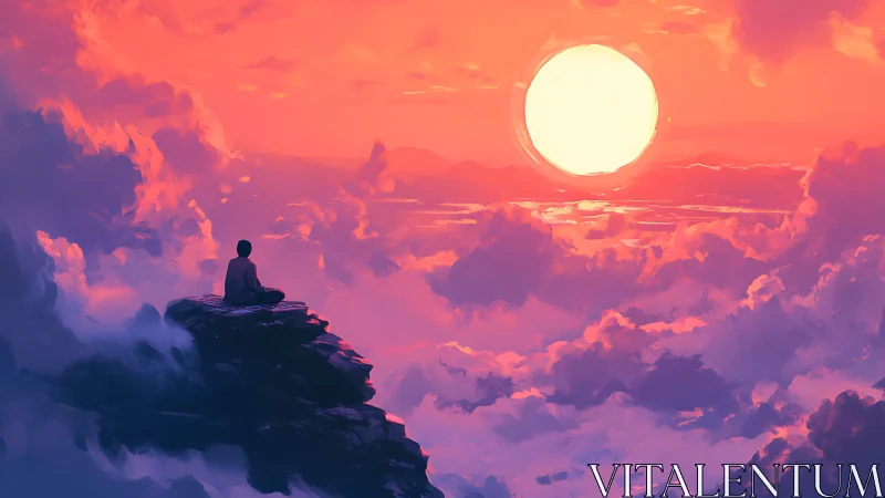 Solitary figure meditating above clouds under radiant sunset