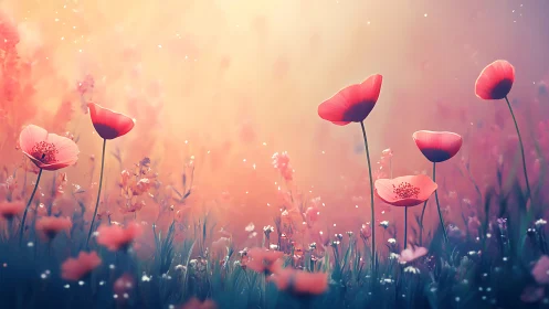 Ethereal Poppy Field Illuminated by Warm Gradient Light.