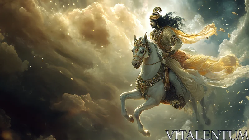 Warrior in ornate armor riding white horse through clouds.