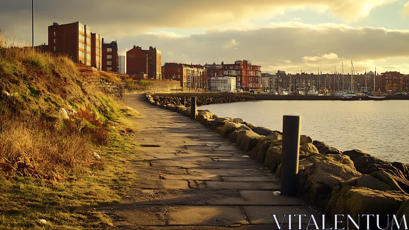 Golden harbor walkway leading toward a cozy seaside town.