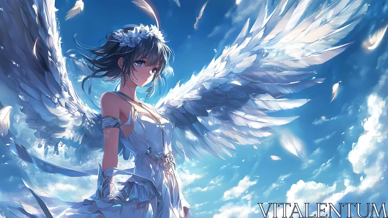 Winged anime girl in white dress against bright sky.