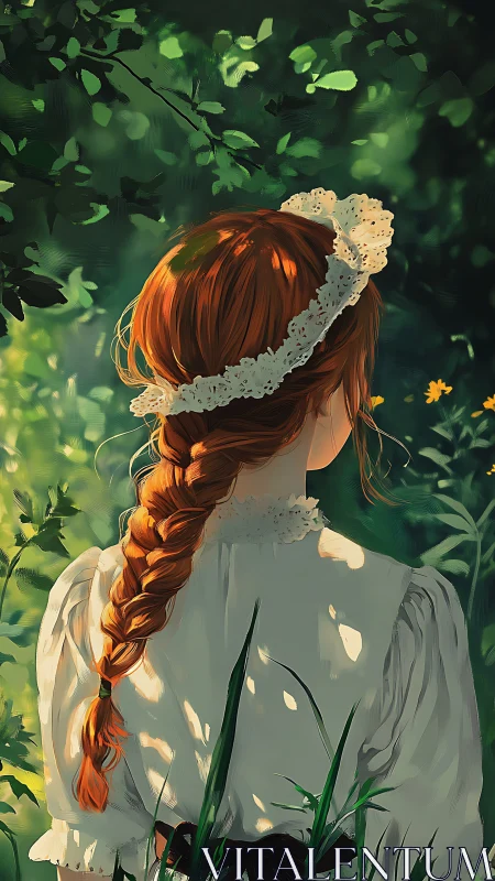 Red-haired girl in lace dress within sunlit forest garden.