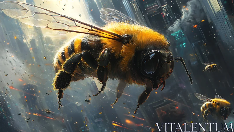 Giant cybernetic bees flying through dense neon cityscape.