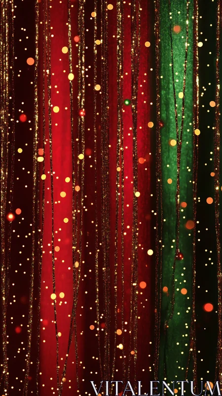 Golden confetti cascades over glowing red and green curtains.