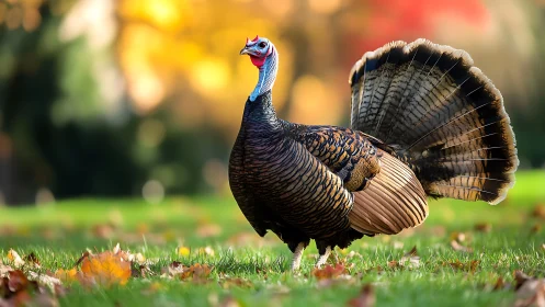 Wild turkey in autumn field with vibrant natural background.