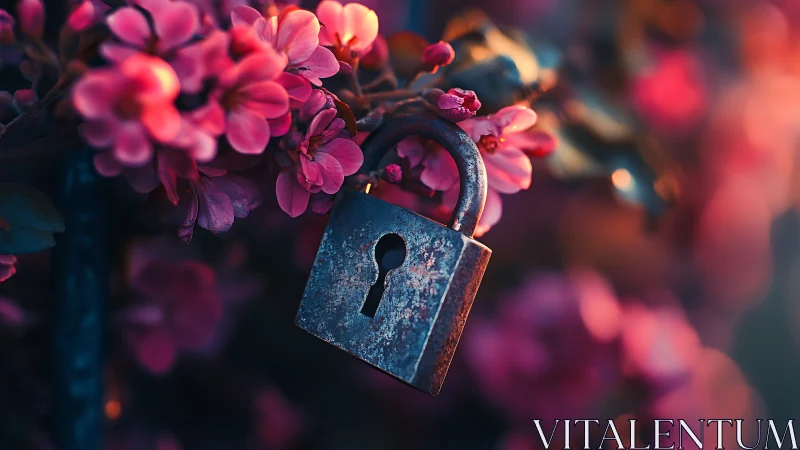 Padlock Blooms. Vintage Lock Wrapped in Magenta Flowers.