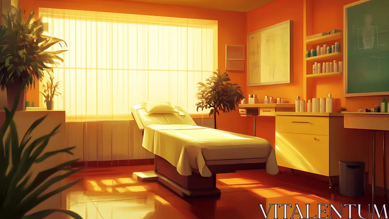 Sunlit clinical spa suite with ergonomic treatment couch.
