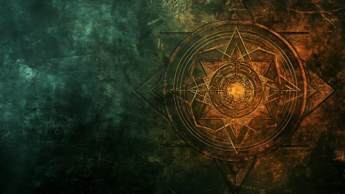 Abstract Geometric Mandala on Grunge Green and Gold Background.