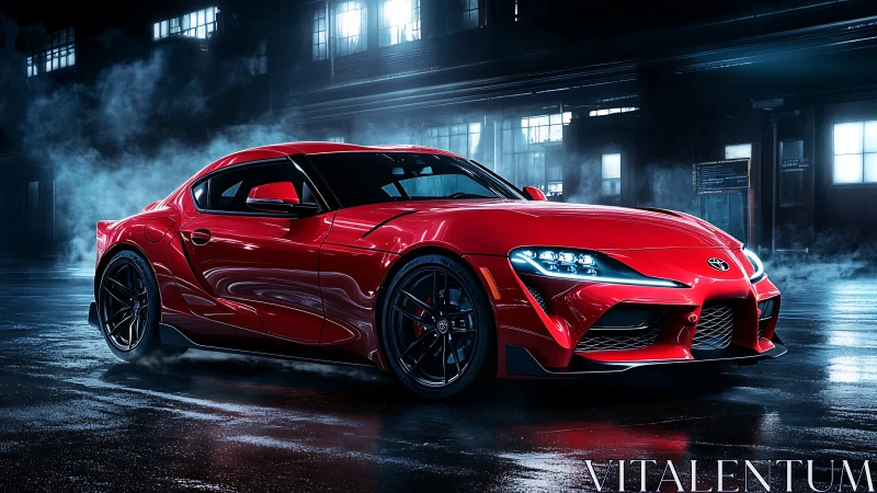 Night street showcase of red sports coupe in neon mist.
