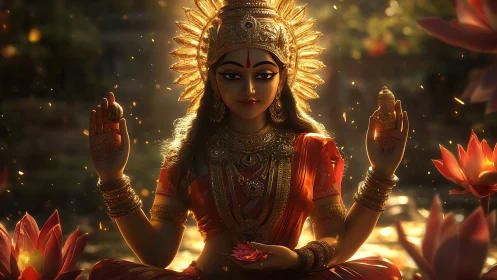 Digital Lakshmi deity portrait with lotus, backlit bokeh glow
