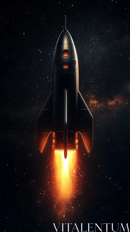Digital painting of retro rocket launch with central symmetry.