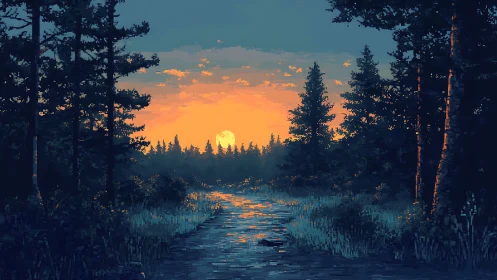 Pixel forest dusk with glowing river and low horizon sun.