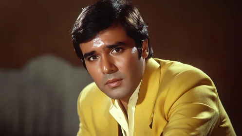 Photorealistic portrait in warm studio lighting with yellow blazer.