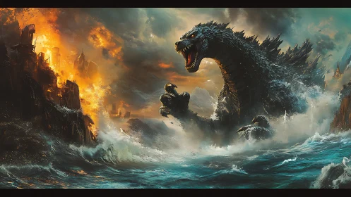 Colossal sea monster rises as a burning coastal city falls