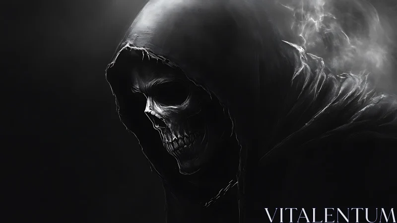 Hooded skeletal reaper silhouette in dark smoke shroud.