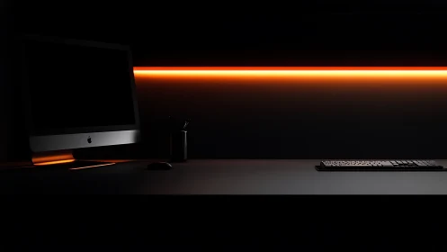 Minimalist workstation in low-key lighting with neon accent line.