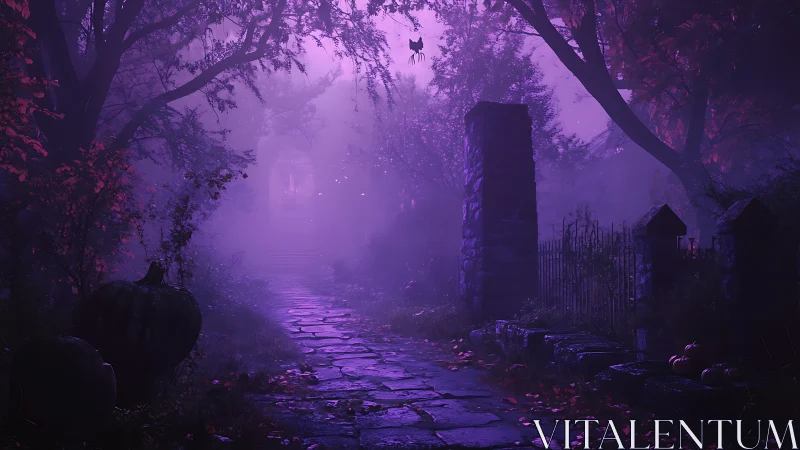 Haunted garden path glows in eerie violet twilight mist