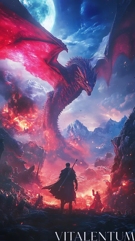 Dragon-dominated battlefield under burning crimson sky.