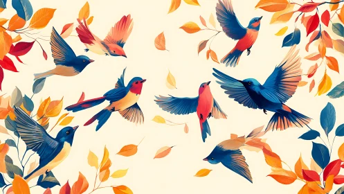 Colorful Birds in Flight Among Autumn Leaves, Digital Art Style.