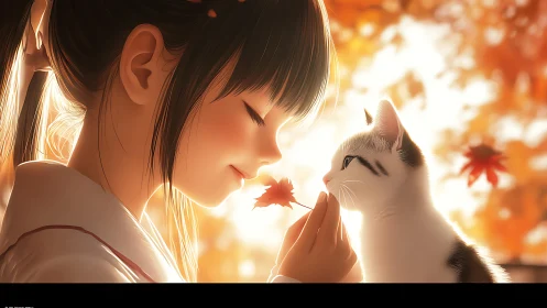 Soft-focus anime autumn portrait with girl and cat glow.