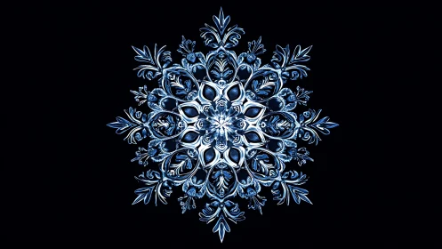 Symmetrical blue ornamental snowflake on black background.