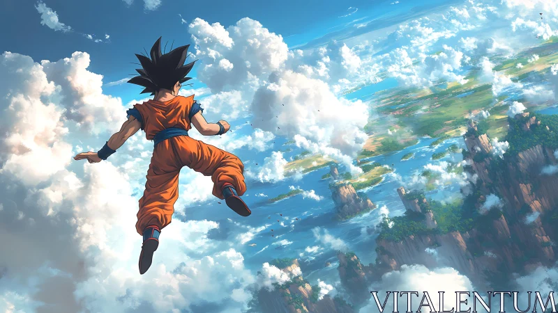 Aerial martial artist over stratified cloud archipelago panorama.