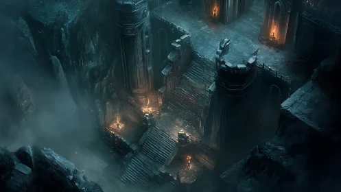 Subterranean citadel stairs in fog-drenched torchlight geometry.