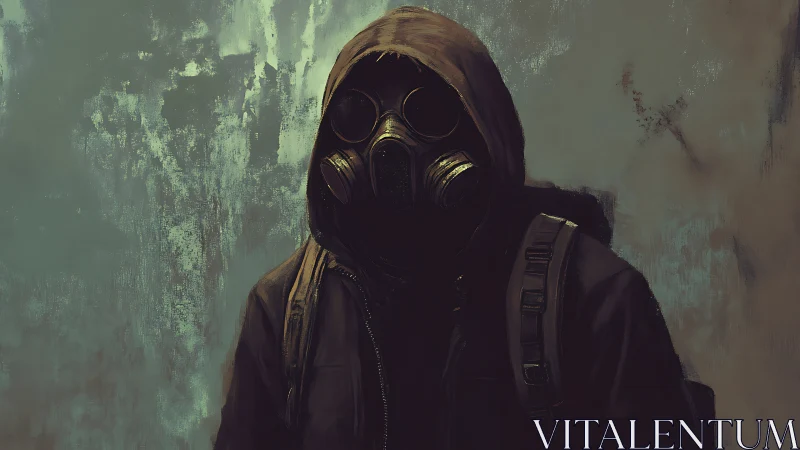 Wanderer in a gas mask pauses by a weathered wall.