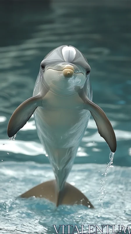Playful dolphin leaps upright from clear blue water.