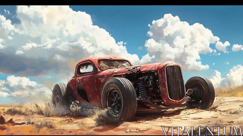 Rusty hot rod racing across sunlit desert plain.