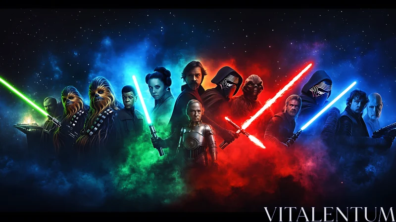 Star Wars heroes and villains lined in glowing nebula colors.