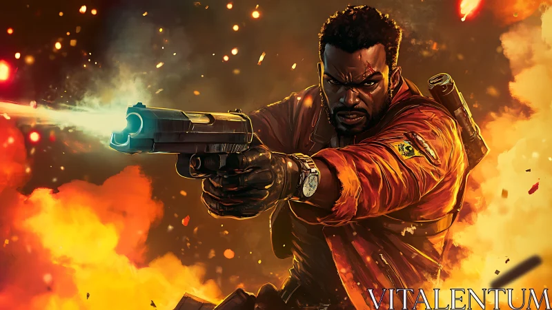 Action hero fires pistol through explosive firestorm chaos.